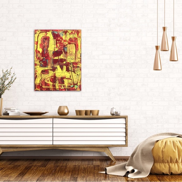 Prehistoric beings, yellow and red, medium size ancient ruins, civilization art - Picture 1 of 5